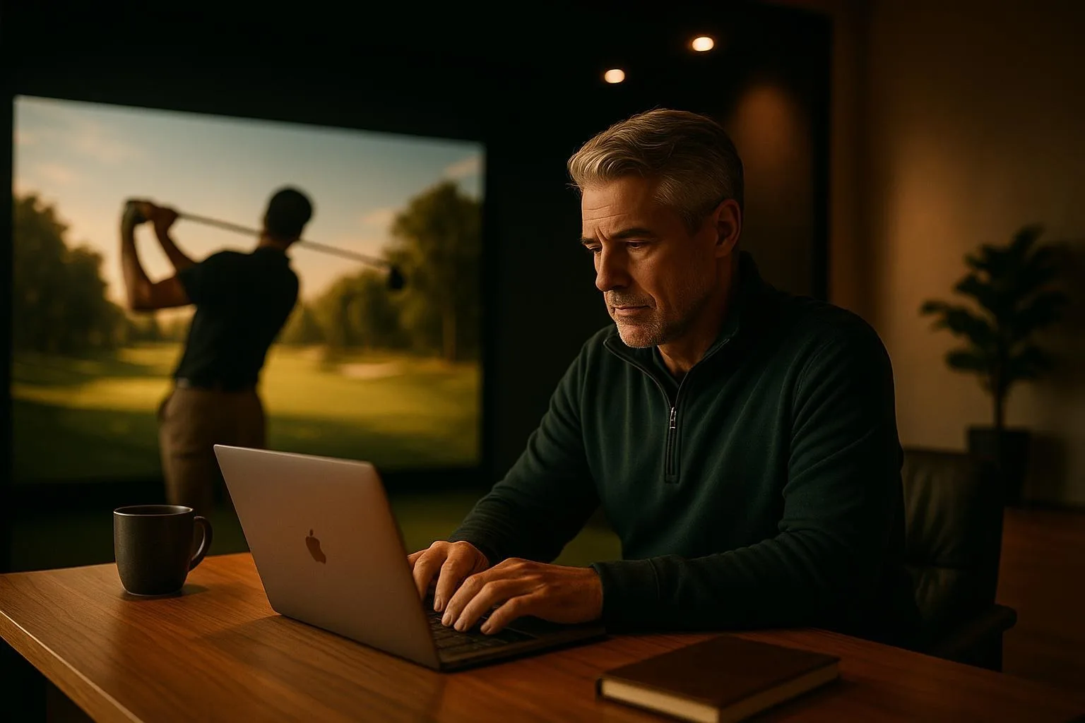 A coach working on a laptop beside a golf simulator