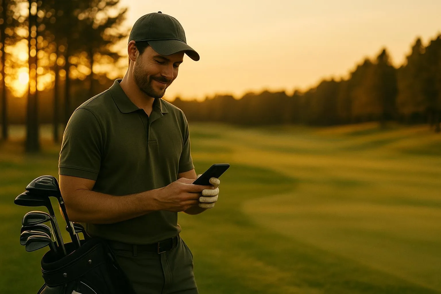 A golfer checking a phone beside a golf bag on the course