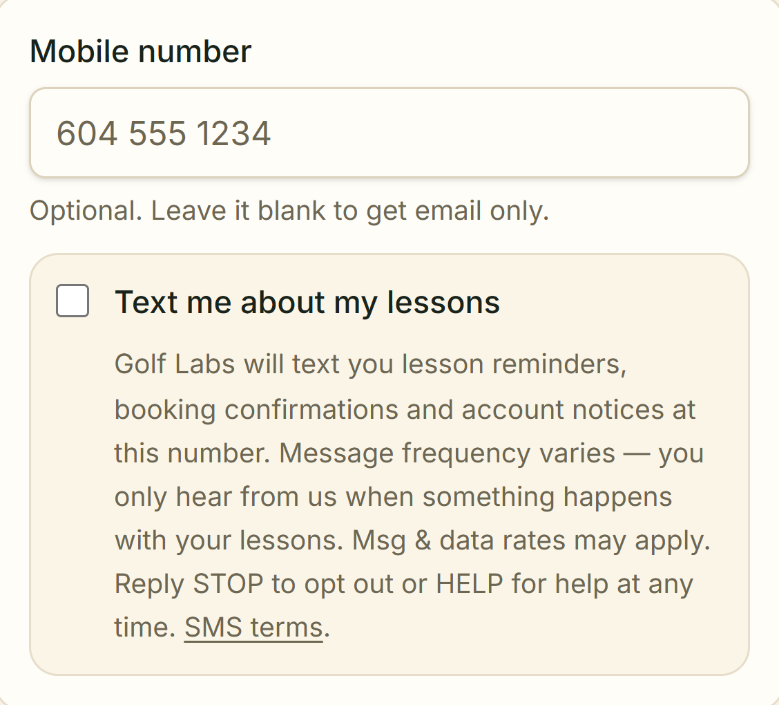 The Golf Labs player profile screen: a Mobile number field marked optional, below it an unticked checkbox labelled "Text me about my lessons" with the full consent disclosure and a link to these SMS terms.